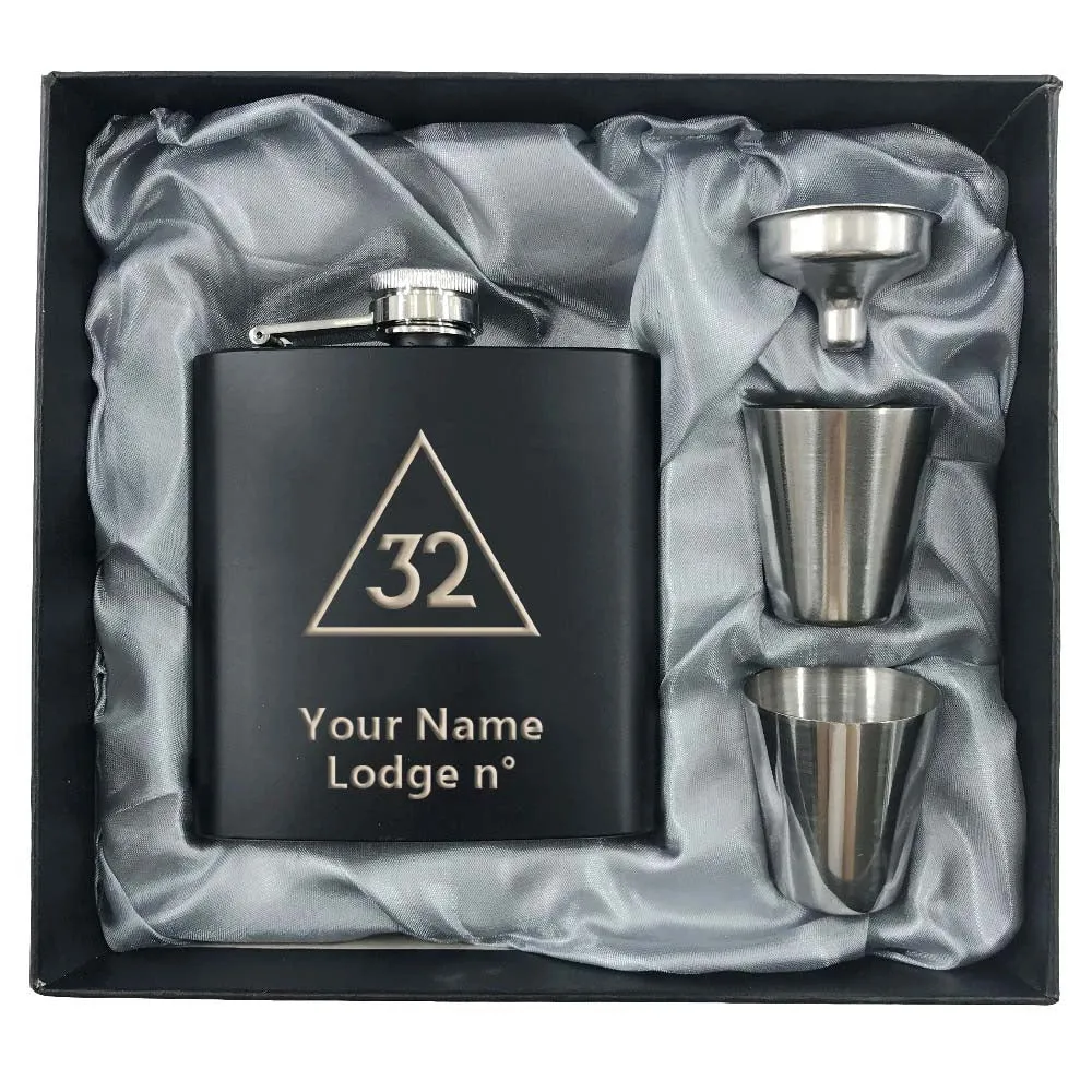 32nd Degree Scottish Rite Flask - 2 Shot Glasses & Funnel