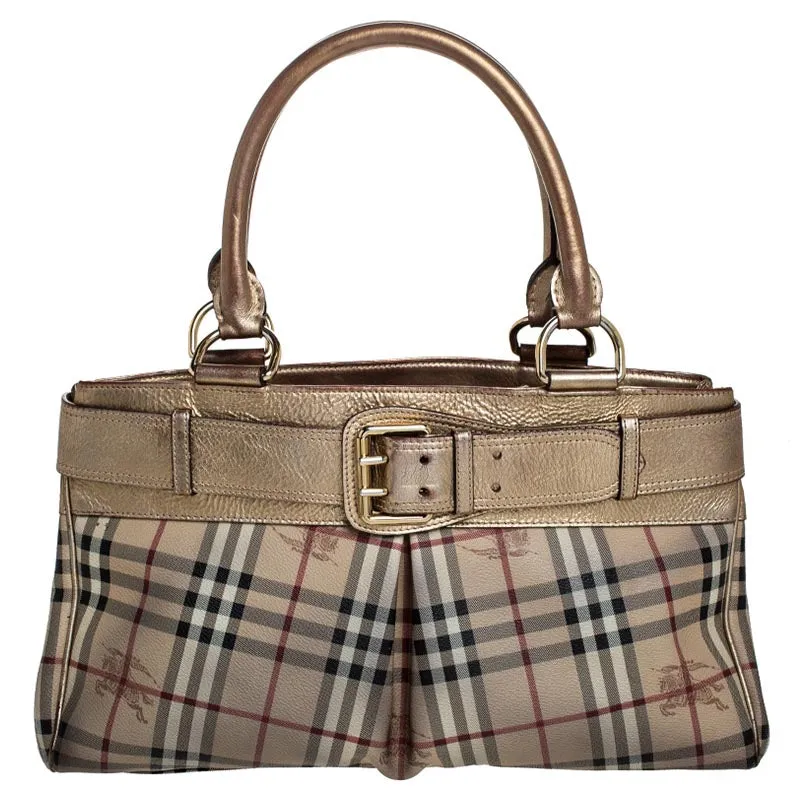 Beige/Gold Haymarket Check Coated Canvas and Leather Bridle Tote