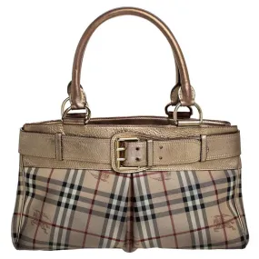 Beige/Gold Haymarket Check Coated Canvas and Leather Bridle Tote