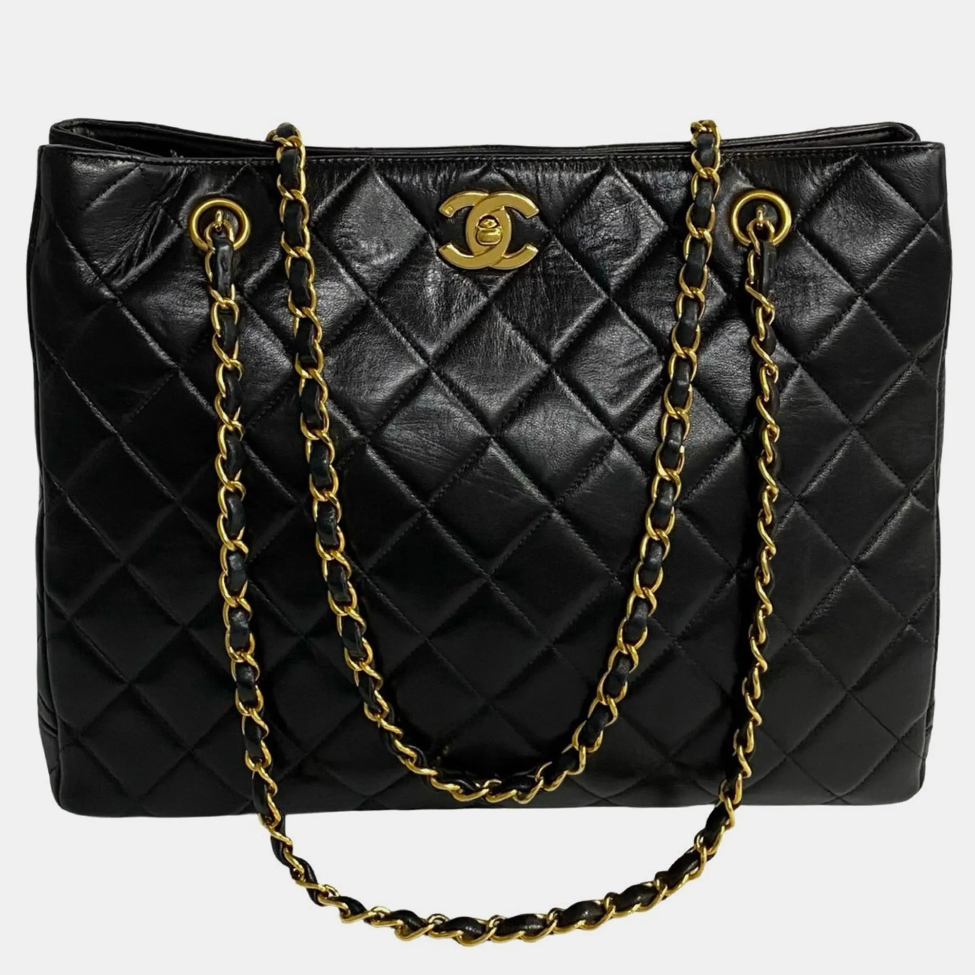 Black Leather Quilted Vintage Chain Tote Bag