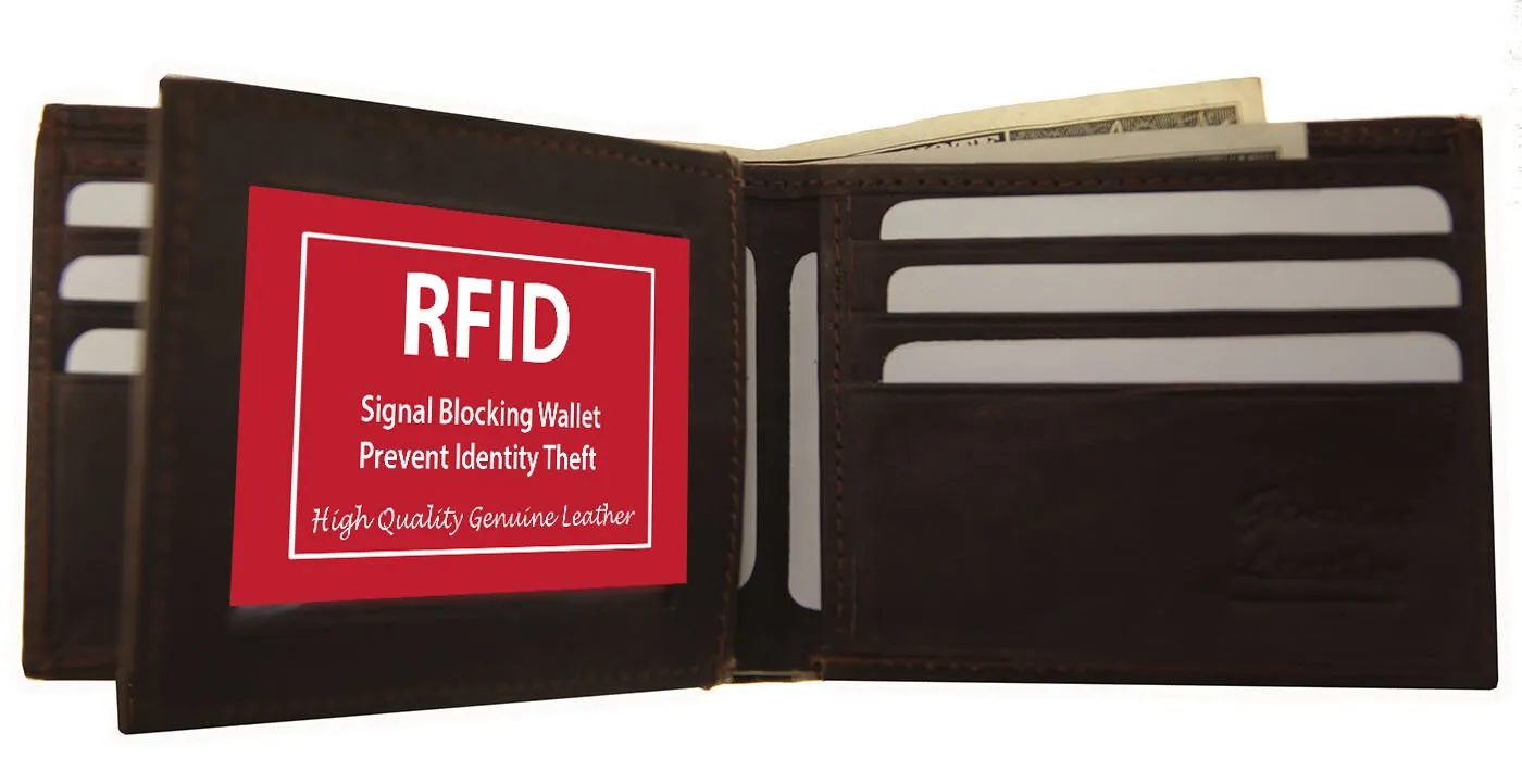 Black RFID Signal Blocking Men's Genuine Leather Slim Bifold Wallet ID Card Holder