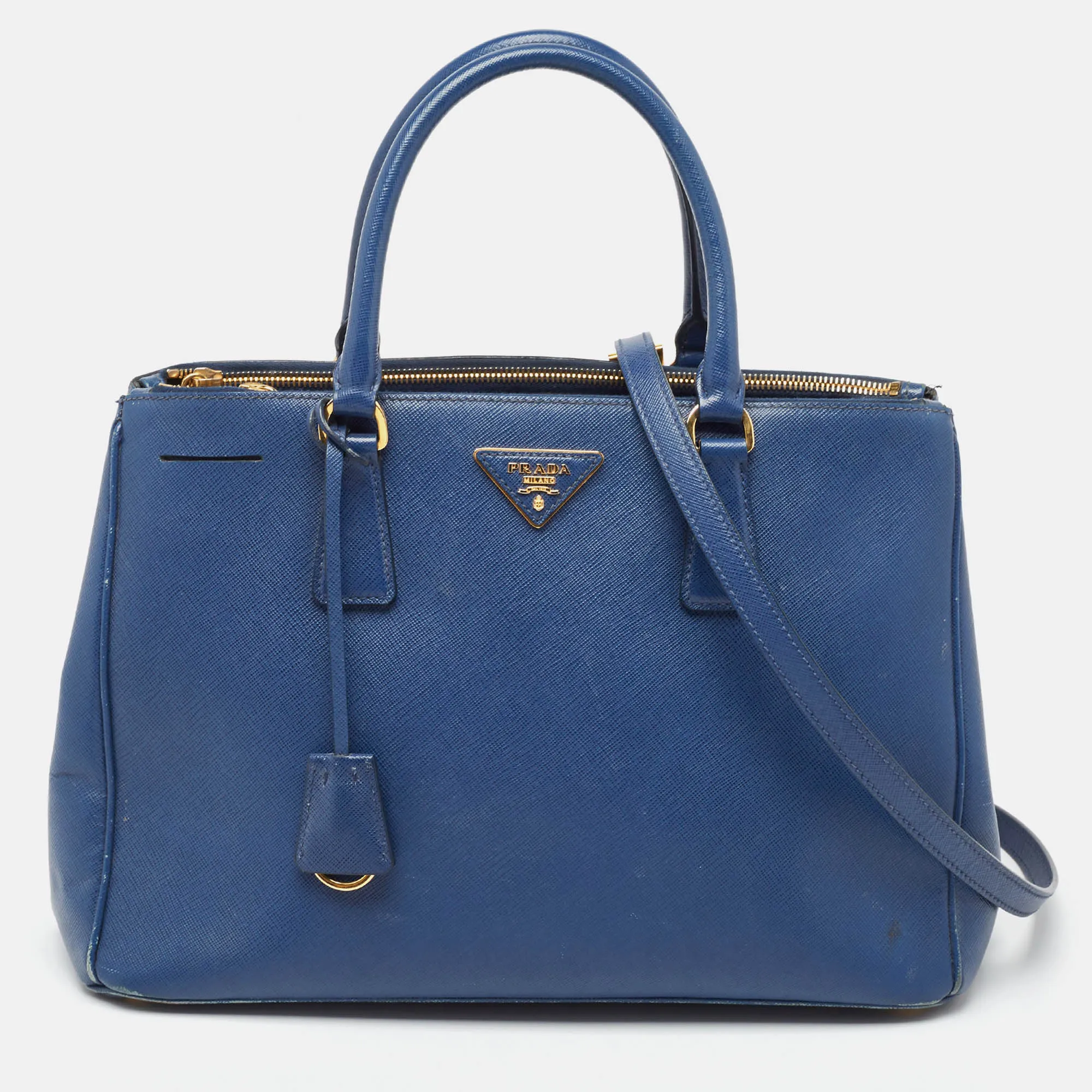 Blue Saffiano Lux Leather Medium Double Zip Tote