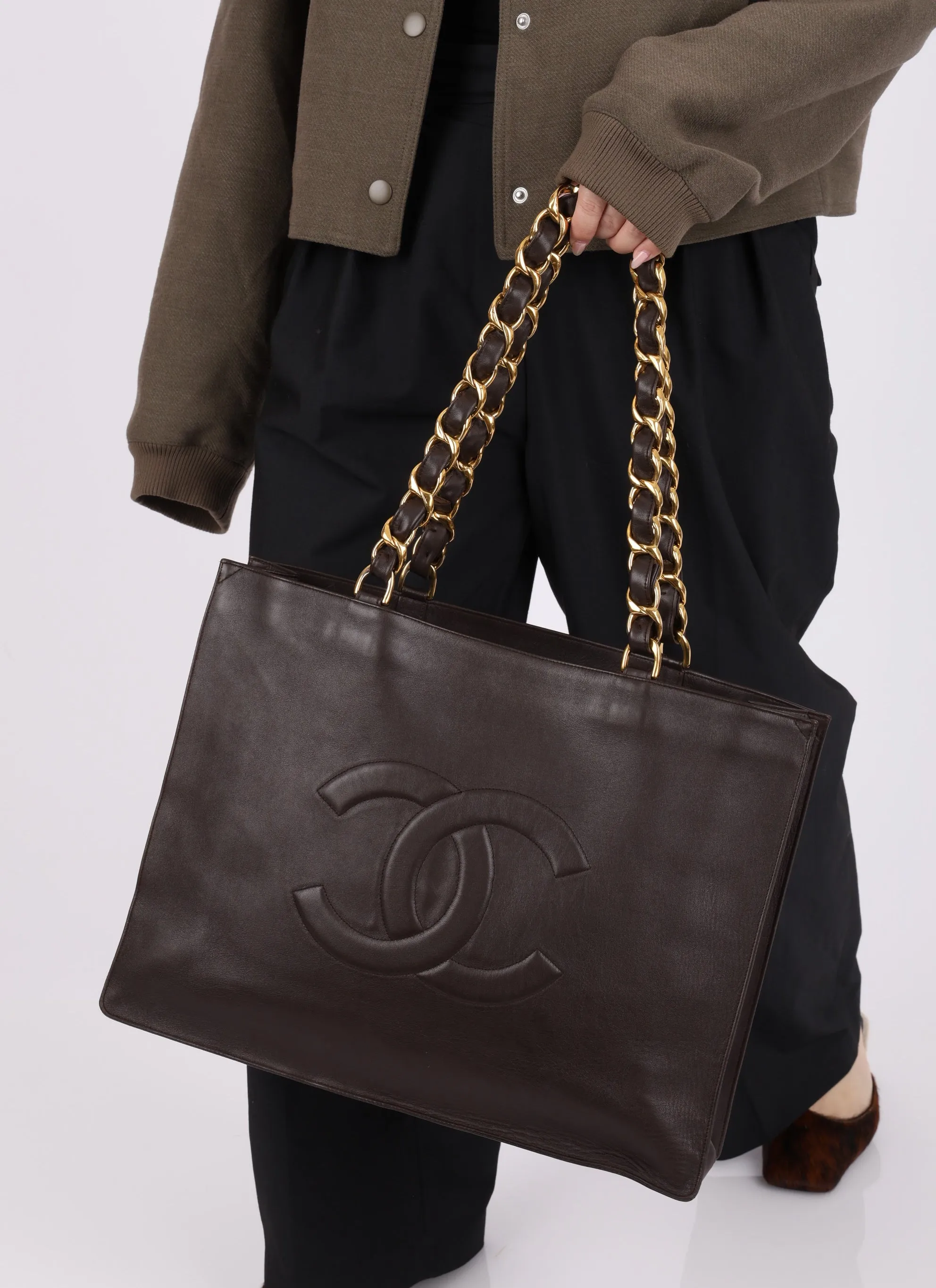 Chanel 1991 Calfskin Timeless Chunky Chain Brown Tote