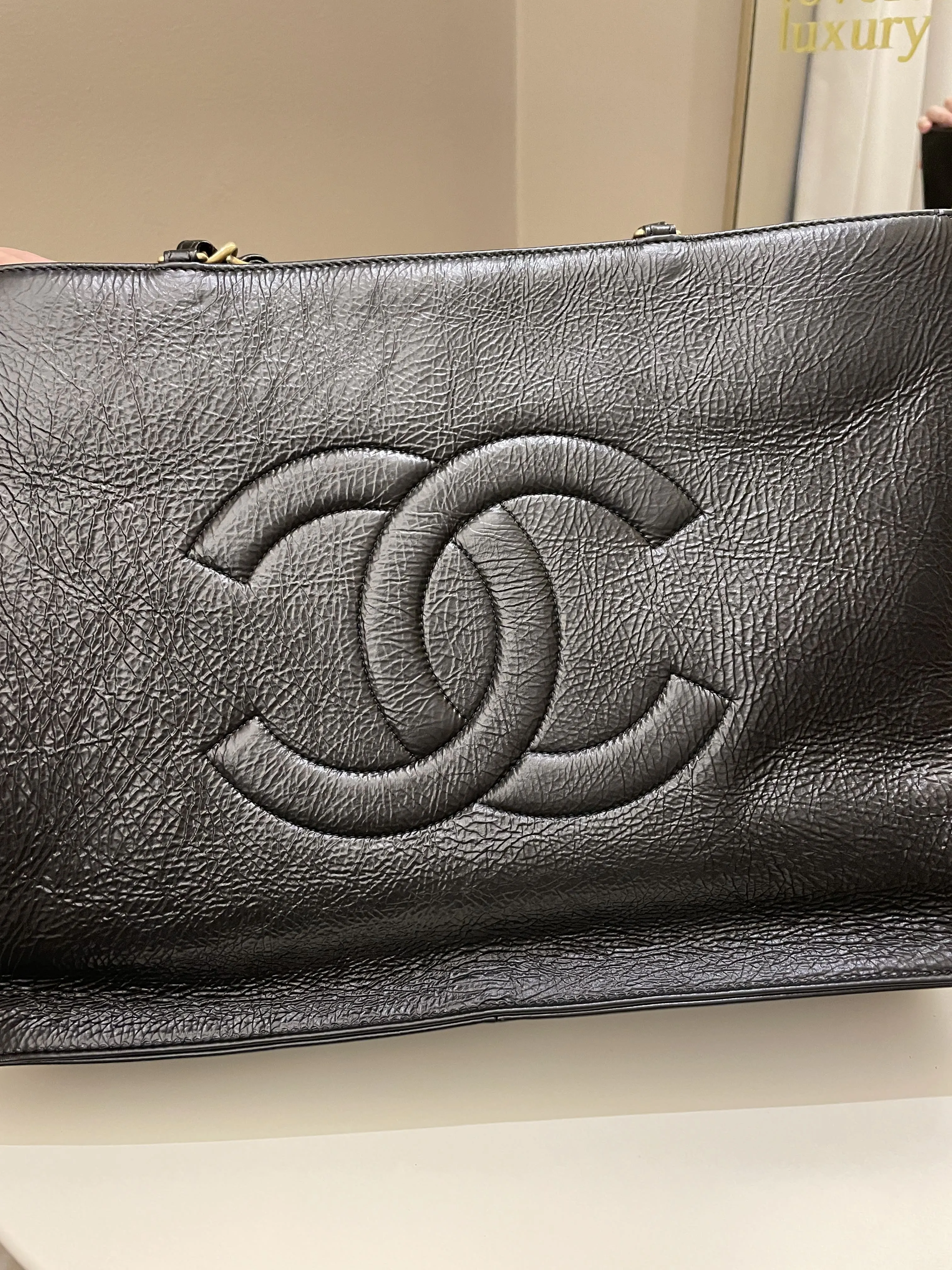 Chanel Timeless CC Shoulder Tote Black Aged Calfskin