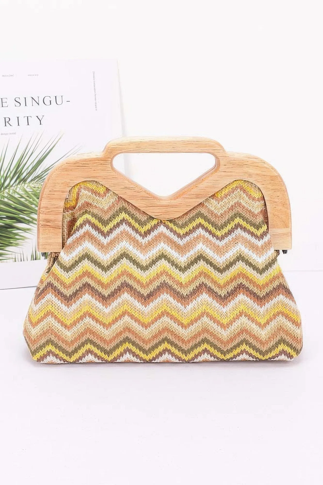 Faux Straw Wood Frame Clutch