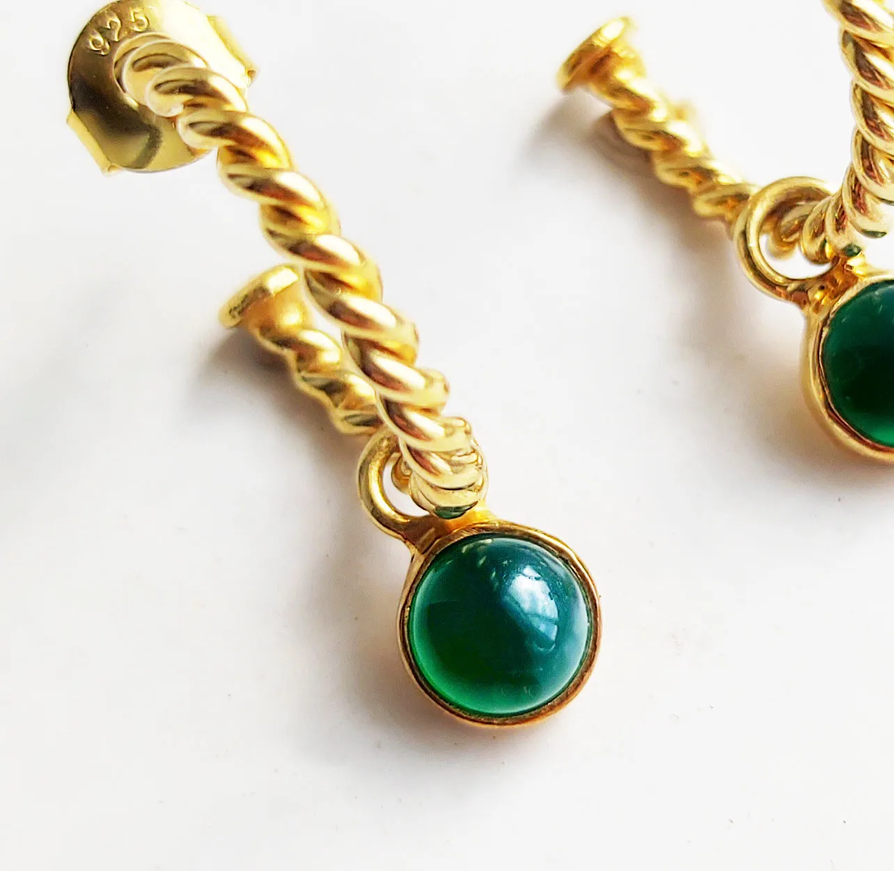 Green Onyx Gold Twisted Hoops