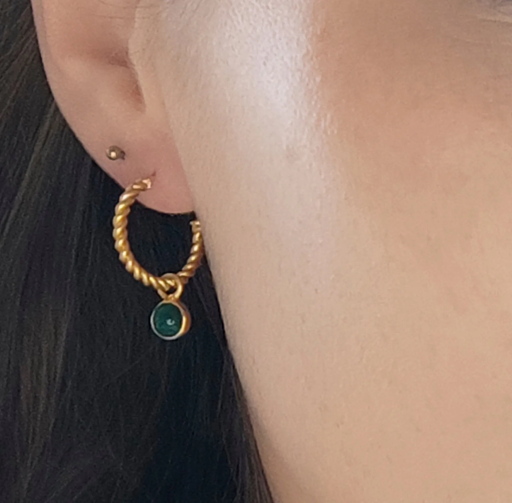 Green Onyx Gold Twisted Hoops