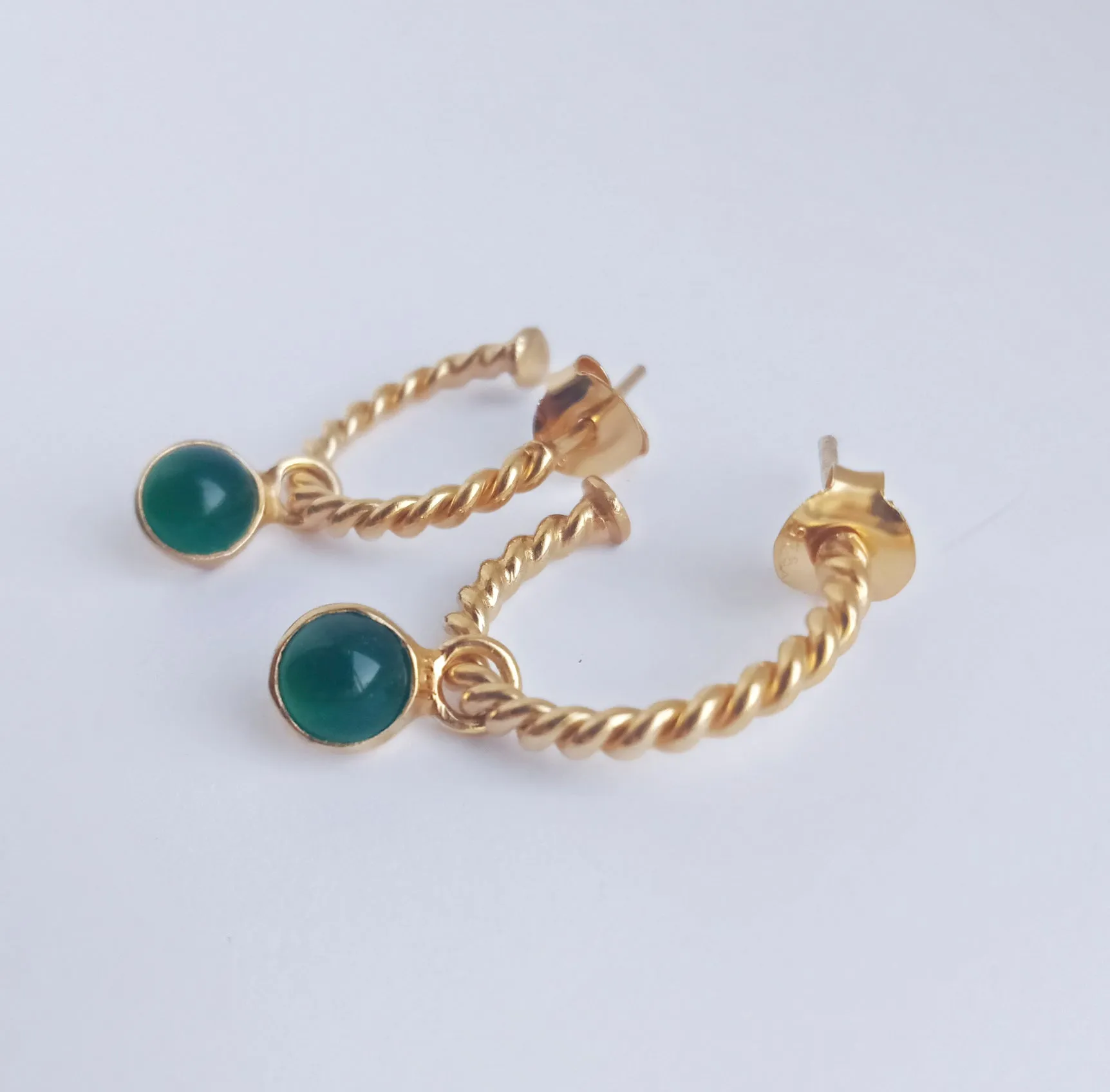 Green Onyx Gold Twisted Hoops